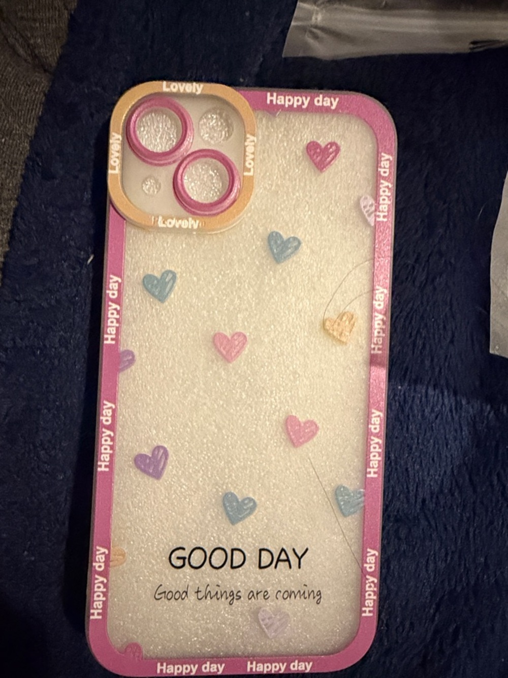 Pink 'Good Day' Decorative Phone Case with Hearts I phone 13